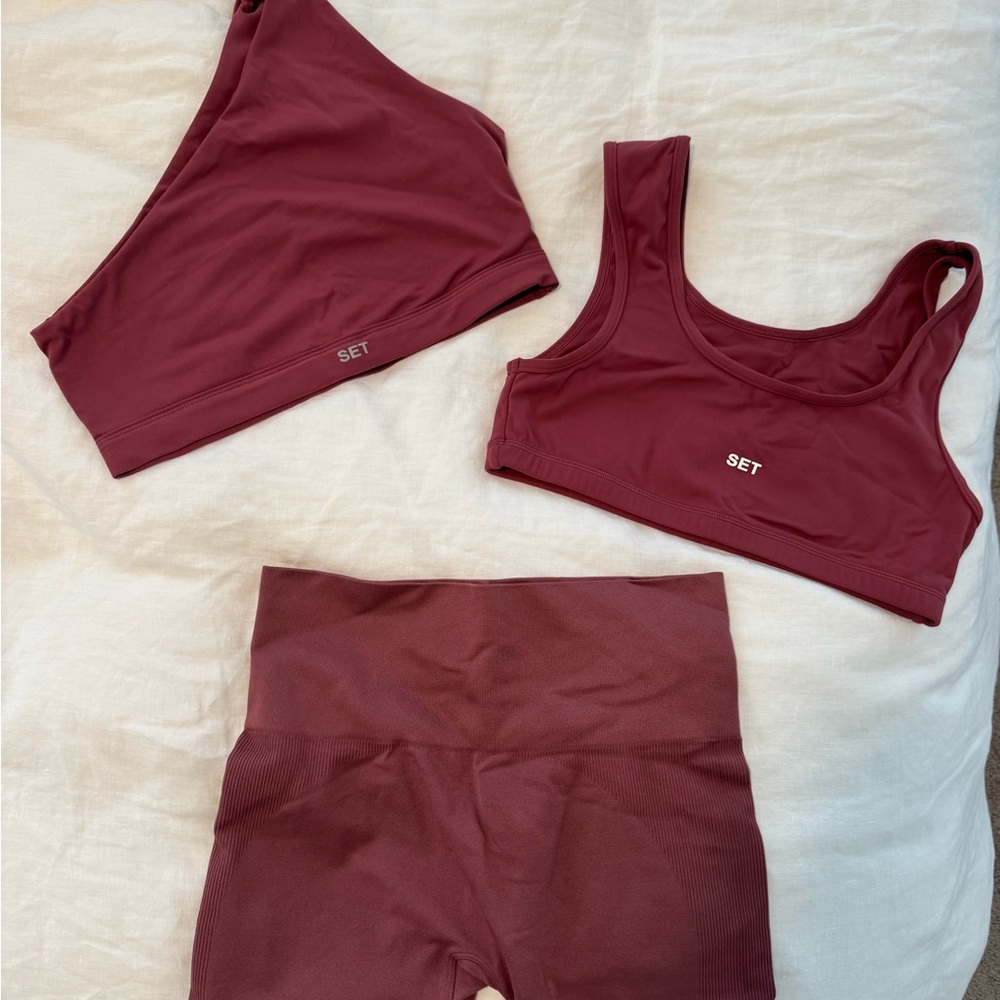 SET Activewear Burgundy 2 Sports Bra and biker shorts bundle